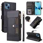 For iPhone 14 / 13 Crossbody Strap RFID Blocking Zipper Wallet Leather Phone Case(Black) - 1