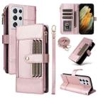 For Samsung Galaxy S21 Ultra 5G Crossbody Strap RFID Blocking Zipper Wallet Leather Phone Case(Rose Gold) - 1