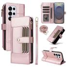 For Samsung Galaxy S25 Ultra 5G Crossbody Strap RFID Blocking Zipper Wallet Leather Phone Case(Rose Gold) - 1