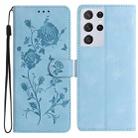 For Samsung Galaxy S21 Ultra 5G Rose Flower Embossing Pattern Leather Phone Case(Sky Blue) - 1