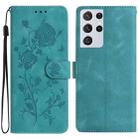 For Samsung Galaxy S21 Ultra 5G Rose Flower Embossing Pattern Leather Phone Case(Green) - 1