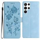 For Samsung Galaxy S22 Ultra 5G Rose Flower Embossing Pattern Leather Phone Case(Sky Blue) - 1