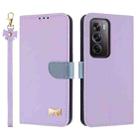 For OPPO Reno12 Pro 5G Metal Bow Leather Phone Case with Hand Strap(Purple) - 1