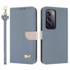 For OPPO Reno12 Pro 5G Metal Bow Leather Phone Case with Hand Strap(Light Blue) - 1