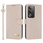 For OPPO A5 5G Global / A3 4G Global Metal Bow Leather Phone Case with Hand Strap(Apricot) - 1