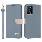 For OPPO A16 Metal Bow Leather Phone Case with Hand Strap(Light Blue) - 1