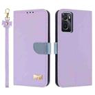 For OPPO A36 4G / A76 / A96 Metal Bow Leather Phone Case with Hand Strap(Purple) - 1