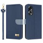 For OPPO A58 4G Global Metal Bow Leather Phone Case with Hand Strap(Dark Blue) - 1