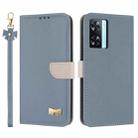 For OPPO A77 4G / A57 4G Global Metal Bow Leather Phone Case with Hand Strap(Light Blue) - 1