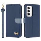 For OPPO Reno12 5G Global Metal Bow Leather Phone Case with Hand Strap(Dark Blue) - 1
