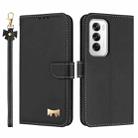 For OPPO Reno12 5G Global Metal Bow Leather Phone Case with Hand Strap(Black) - 1