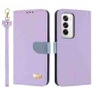 For OPPO Reno12 5G Global Metal Bow Leather Phone Case with Hand Strap(Purple) - 1