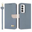For OPPO Reno12 5G Global Metal Bow Leather Phone Case with Hand Strap(Light Blue) - 1