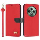 For OPPO Reno12 F Global Metal Bow Leather Phone Case with Hand Strap(Red) - 1