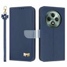 For OPPO Reno12 F Global Metal Bow Leather Phone Case with Hand Strap(Dark Blue) - 1
