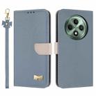 For OPPO Reno12 F Global Metal Bow Leather Phone Case with Hand Strap(Light Blue) - 1