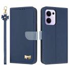For OPPO Reno13 F Global Metal Bow Leather Phone Case with Hand Strap(Dark Blue) - 1