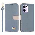 For OPPO Reno13 F Global Metal Bow Leather Phone Case with Hand Strap(Light Blue) - 1