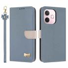 For OPPO A5 Pro 5G Global Metal Bow Leather Phone Case with Hand Strap(Light Blue) - 1