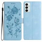 For Samsung Galaxy M23 Rose Flower Embossing Pattern Leather Phone Case(Sky Blue) - 1