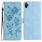 For Samsung Galaxy F06 Rose Flower Embossing Pattern Leather Phone Case(Sky Blue) - 1