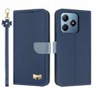For Realme C63 4G Global / C61 Metal Bow Leather Phone Case with Hand Strap(Dark Blue) - 1