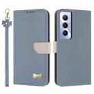For Realme C65 4G Global Metal Bow Leather Phone Case with Hand Strap(Light Blue) - 1