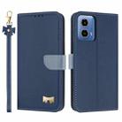 For Motorola Moto G35 Metal Bow Leather Phone Case with Hand Strap(Dark Blue) - 1