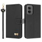 For Motorola Moto G55 Metal Bow Leather Phone Case with Hand Strap(Black) - 1