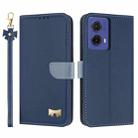 For Motorola Moto G85 5G Metal Bow Leather Phone Case with Hand Strap(Dark Blue) - 1