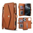 For iPhone 16 Pro Max Multifunctional Wallet Detachable Leather Phone Case with Lanyard(Brown) - 1