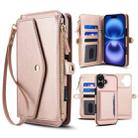 For iPhone 16 Plus Multifunctional Wallet Detachable Leather Phone Case with Lanyard(Rose Gold) - 1