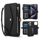 For iPhone 15 Pro Max Multifunctional Wallet Detachable Leather Phone Case with Lanyard(Black) - 1