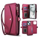 For iPhone 15 Plus Multifunctional Wallet Detachable Leather Phone Case with Lanyard(Red) - 1