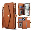 For iPhone 15 Plus Multifunctional Wallet Detachable Leather Phone Case with Lanyard(Brown) - 1