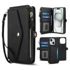 For iPhone 15 Multifunctional Wallet Detachable Leather Phone Case with Lanyard(Black) - 1