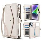 For iPhone 14 Plus Multifunctional Wallet Detachable Leather Phone Case with Lanyard(White) - 1