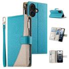 For iPhone 16 Stitching Multi-card Zipper Wallet Leather Phone Case with Short Strap(Blue) - 1
