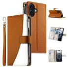 For iPhone 16 Stitching Multi-card Zipper Wallet Leather Phone Case with Short Strap(Brown) - 1