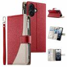 For iPhone 16 Stitching Multi-card Zipper Wallet Leather Phone Case with Short Strap(Red) - 1