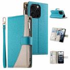 For iPhone 16 Pro Stitching Multi-card Zipper Wallet Leather Phone Case with Short Strap(Blue) - 1