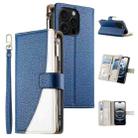 For iPhone 16 Pro Stitching Multi-card Zipper Wallet Leather Phone Case with Short Strap(Dark Blue) - 1