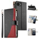 For iPhone 16e Stitching Multi-card Zipper Wallet Leather Phone Case with Short Strap(Black) - 1