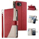 For iPhone 16e Stitching Multi-card Zipper Wallet Leather Phone Case with Short Strap(Red) - 1