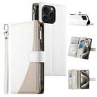 For iPhone 15 Pro Max Stitching Multi-card Zipper Wallet Leather Phone Case with Short Strap(White) - 1
