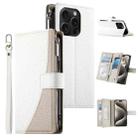For iPhone 15 Pro Stitching Multi-card Zipper Wallet Leather Phone Case with Short Strap(White) - 1