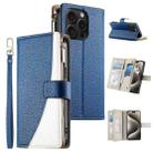 For iPhone 15 Pro Stitching Multi-card Zipper Wallet Leather Phone Case with Short Strap(Dark Blue) - 1