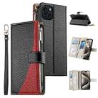 For iPhone 15 Plus Stitching Multi-card Zipper Wallet Leather Phone Case with Short Strap(Black) - 1