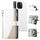 For iPhone 15 Stitching Multi-card Zipper Wallet Leather Phone Case with Short Strap(White) - 1
