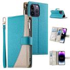 For iPhone 14 Pro Max Stitching Multi-card Zipper Wallet Leather Phone Case with Short Strap(Blue) - 1